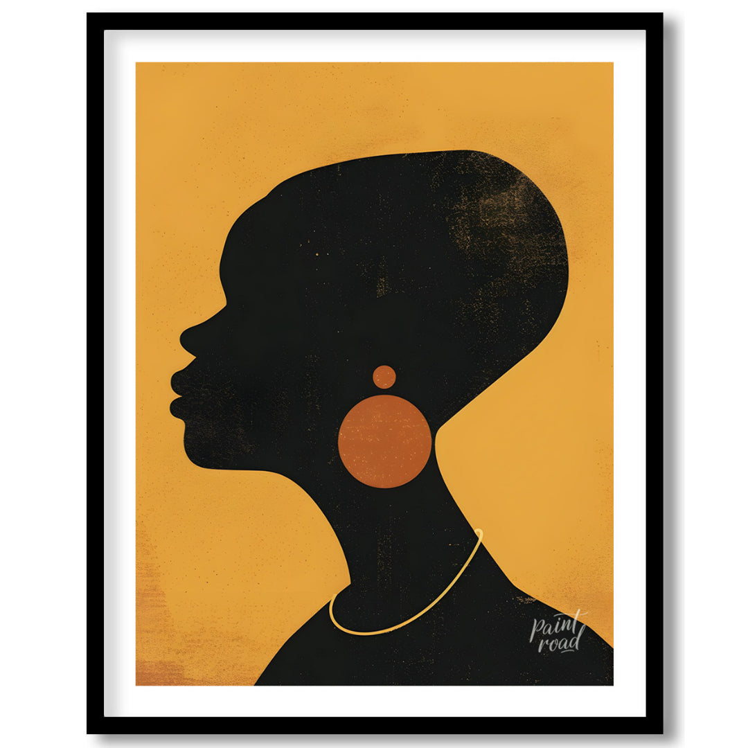A minimalist and striking portrait of a woman, rendered in bold black and gold tones. The artwork f… for lovely house