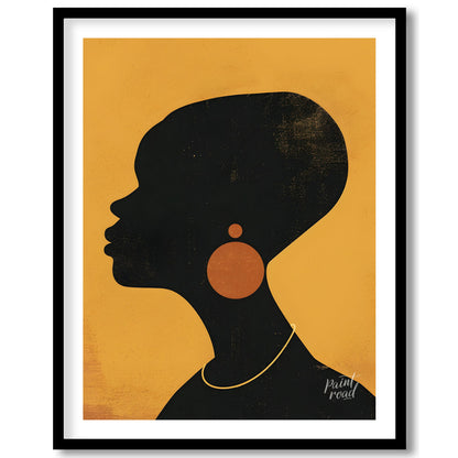 A minimalist and striking portrait of a woman, rendered in bold black and gold tones. The artwork f… for lovely house