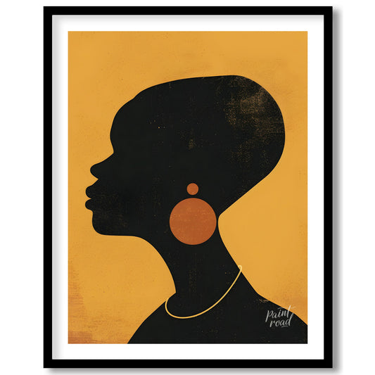 A minimalist and striking portrait of a woman, rendered in bold black and gold tones. The artwork f… for lovely house