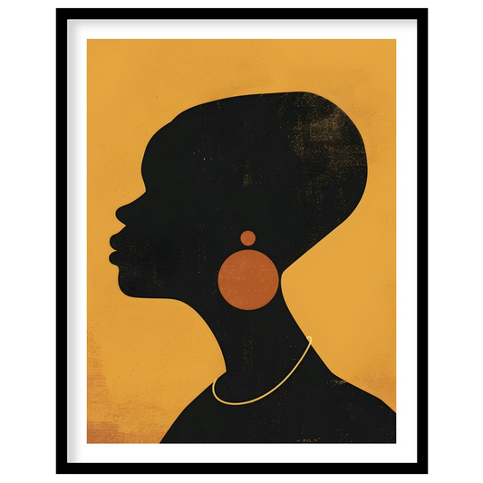 A minimalist and striking portrait of a woman, rendered in bold black and gold tones. The artwork f… for lovely house
