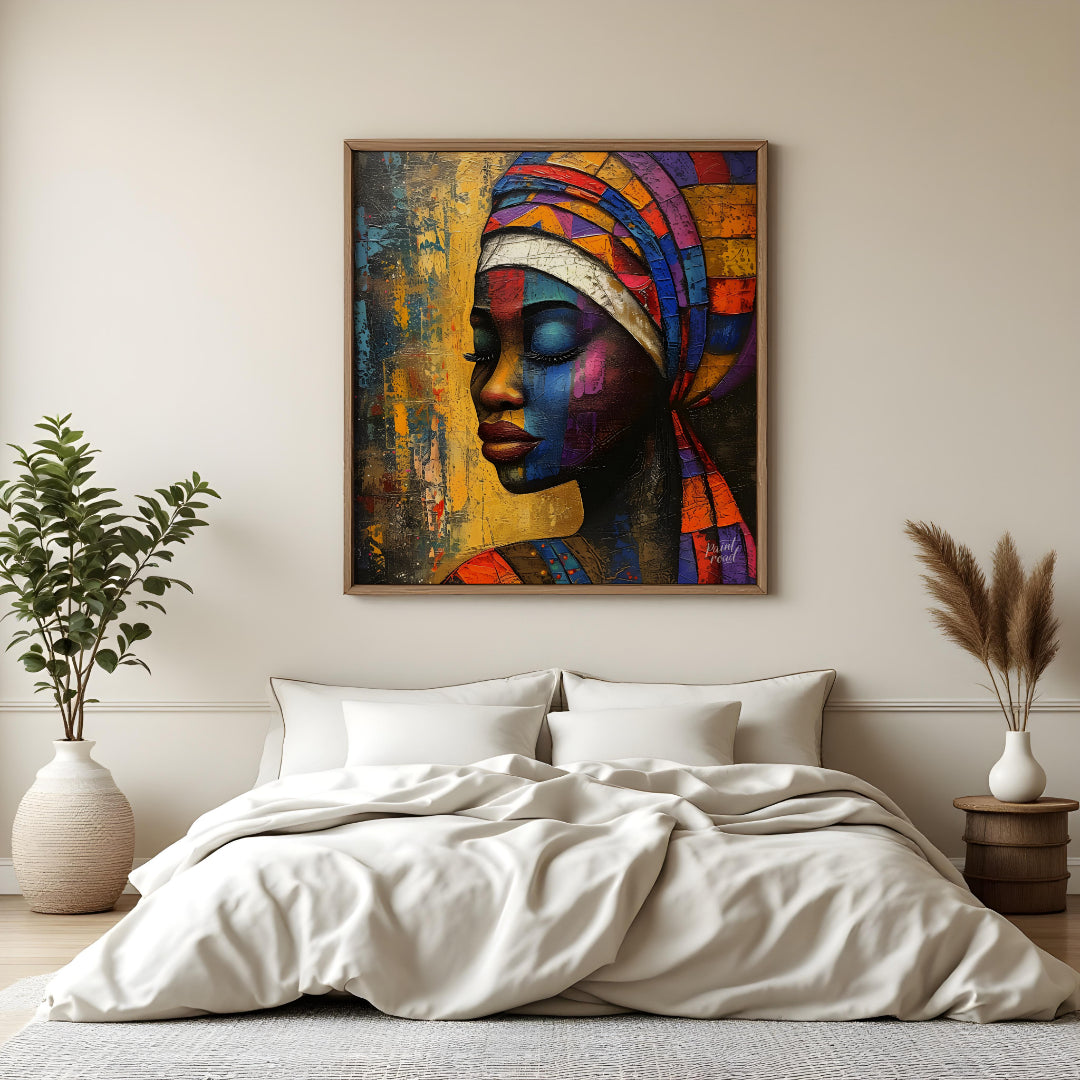 A captivating portrait of a woman adorned in vibrant colors. The bold strokes and expressive lines … for bedroom