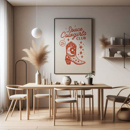 This whimsical and trendy graphic poster announces the “Space Cowgirls Club” in a fun, handwritten-… for dining room