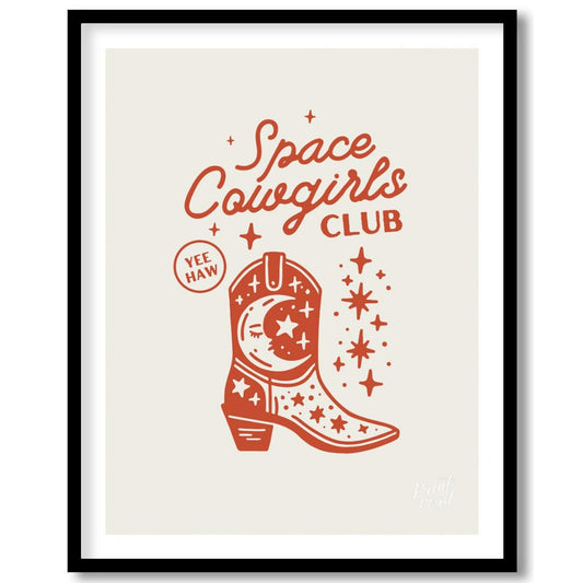 This whimsical and trendy graphic poster announces the “Space Cowgirls Club” in a fun, handwritten-… for home