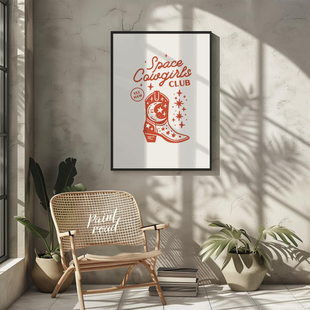 This whimsical and trendy graphic poster announces the “Space Cowgirls Club” in a fun, handwritten-… for living room