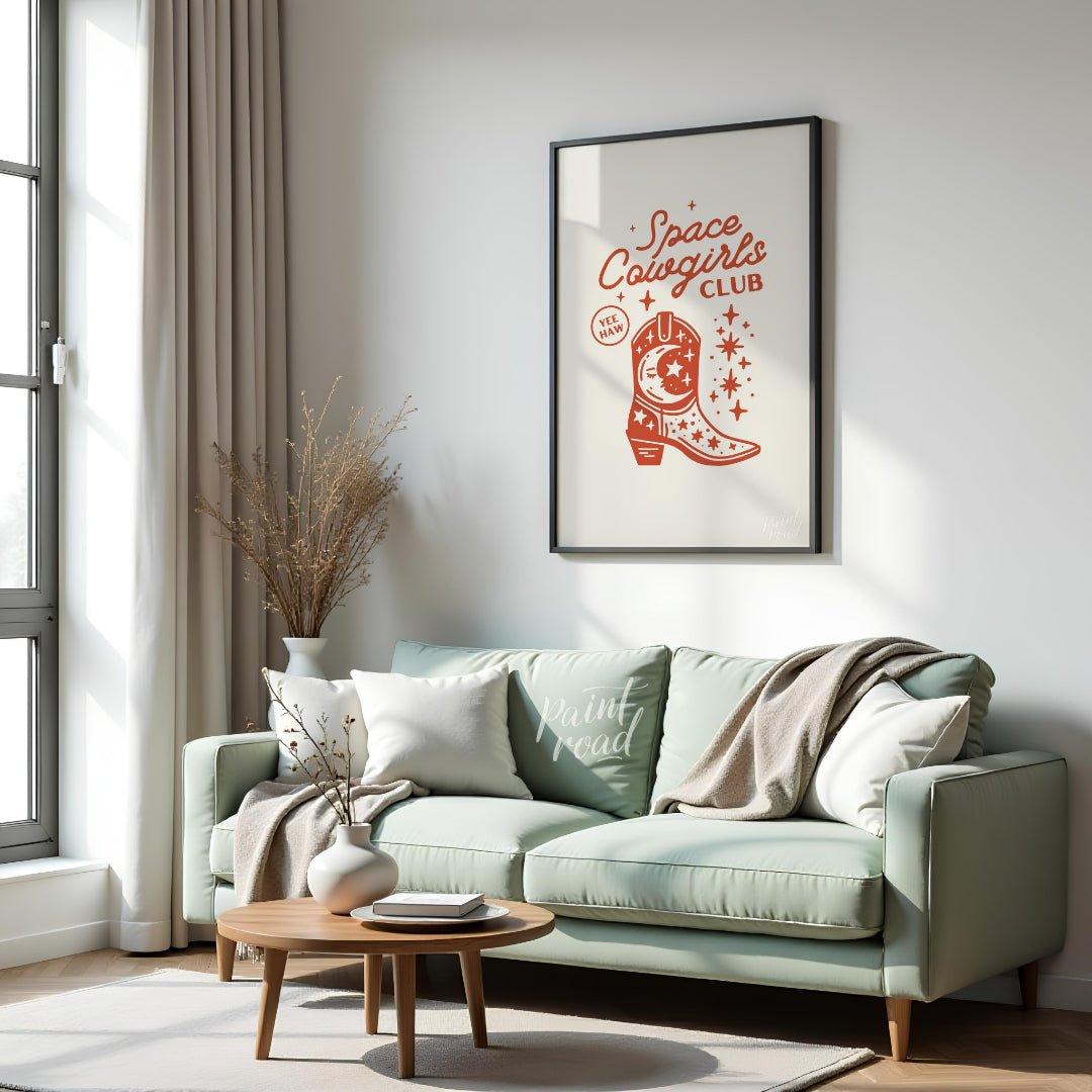 This whimsical and trendy graphic poster announces the “Space Cowgirls Club” in a fun, handwritten-… for living room