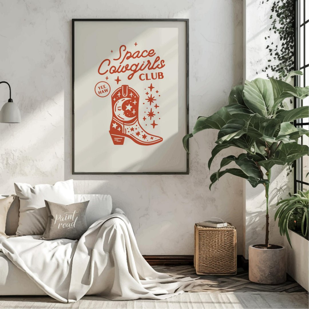 This whimsical and trendy graphic poster announces the “Space Cowgirls Club” in a fun, handwritten-… for living room