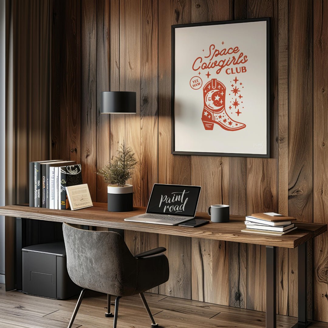 This whimsical and trendy graphic poster announces the “Space Cowgirls Club” in a fun, handwritten-… for office