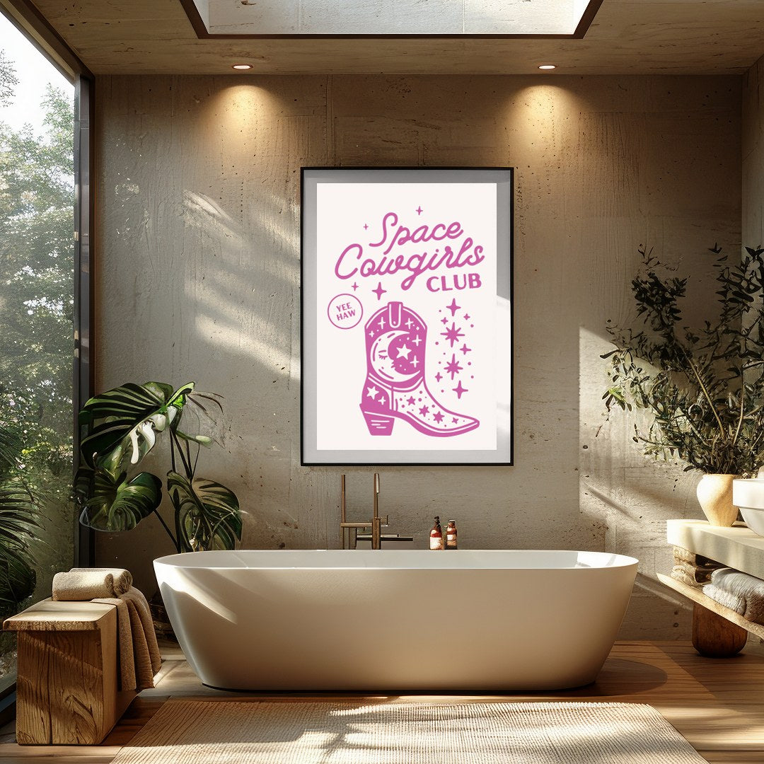 Embrace the cosmic charm with this playful 'Space Cowgirls Club' wall art. Featuring a whimsical for Bathroom