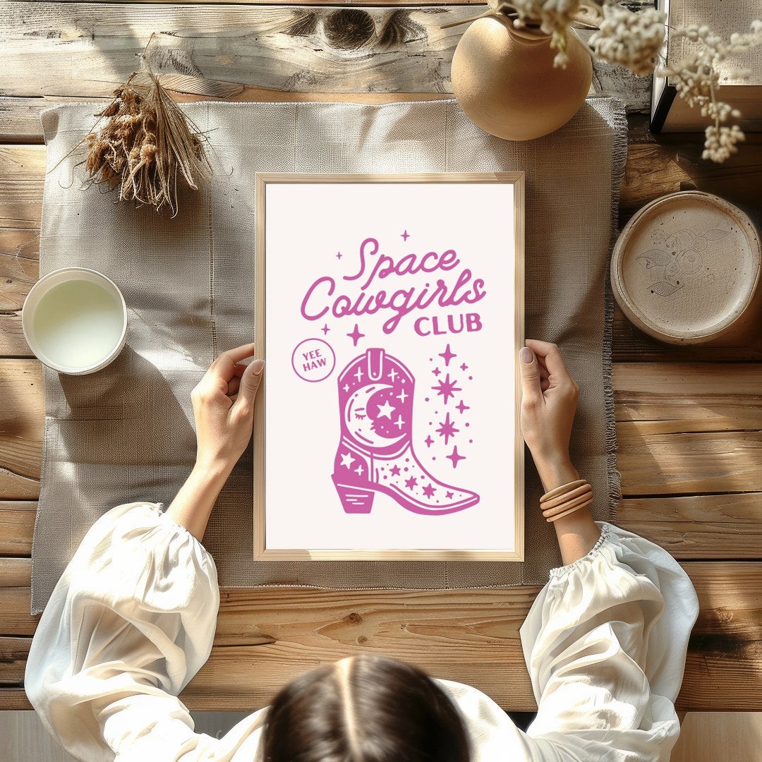 Embrace the cosmic charm with this playful 'Space Cowgirls Club' wall art. Featuring a whimsical for decor