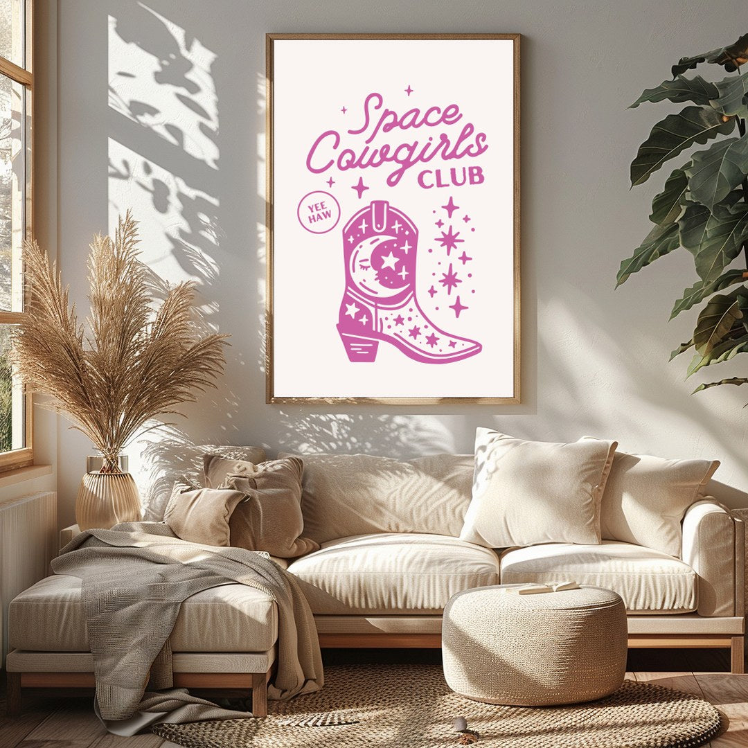Embrace the cosmic charm with this playful 'Space Cowgirls Club' wall art. Featuring a whimsical for Sitting Area