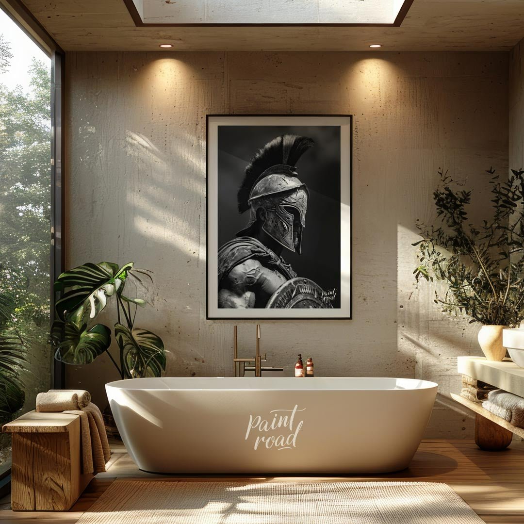 This powerful and dramatic black and white portrait captures the imposing presence of a Spartan war… for bathroom
