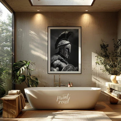 This powerful and dramatic black and white portrait captures the imposing presence of a Spartan war… for bathroom