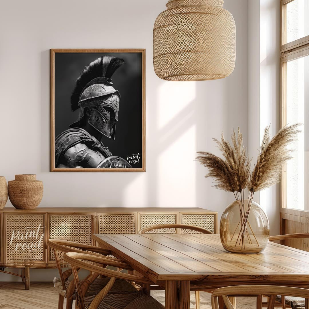 This powerful and dramatic black and white portrait captures the imposing presence of a Spartan war… for dining room