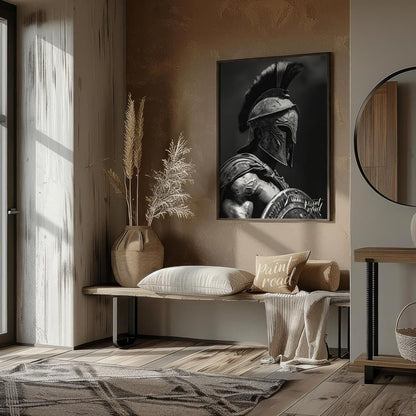 This powerful and dramatic black and white portrait captures the imposing presence of a Spartan war… for entryway