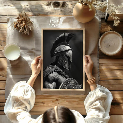 Spartan Warrior Painting available online at Paintroad showing ancient Greece battle ready and black and white