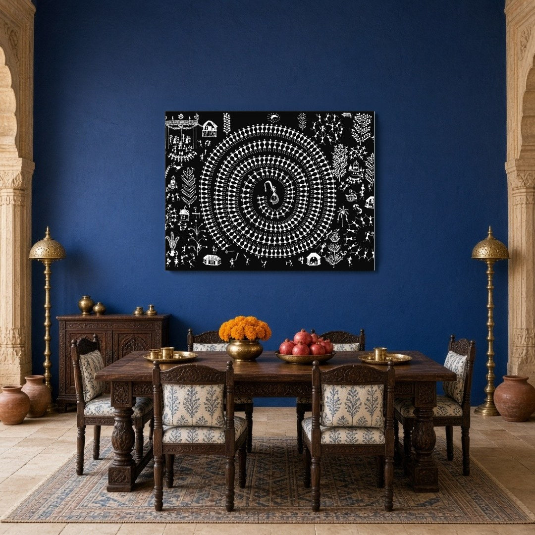 This captivating Warli artwork beautifully captures the essence of communal celebration through for Dining