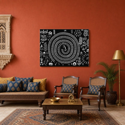 This captivating Warli artwork beautifully captures the essence of communal celebration through for Sitting Area