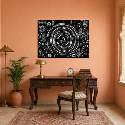 This captivating Warli artwork beautifully captures the essence of communal celebration through for Study