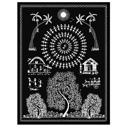 This captivating Warli art print captures a vibrant village scene under the moonlight, showcasing a for abode