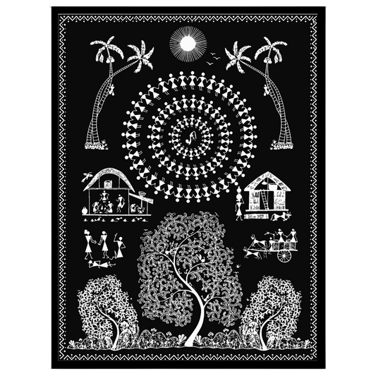 This captivating Warli art print captures a vibrant village scene under the moonlight, showcasing a for abode