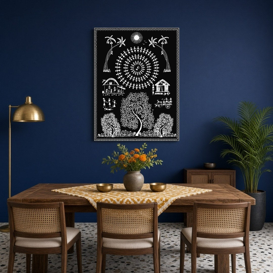 This captivating Warli art print captures a vibrant village scene under the moonlight, showcasing a for Dining