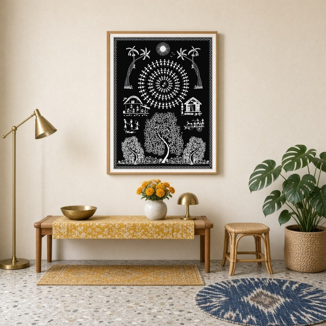 This captivating Warli art print captures a vibrant village scene under the moonlight, showcasing a for Entrance