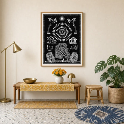 This captivating Warli art print captures a vibrant village scene under the moonlight, showcasing a for Entrance
