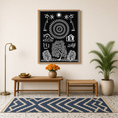 This captivating Warli art print captures a vibrant village scene under the moonlight, showcasing a for Hallway