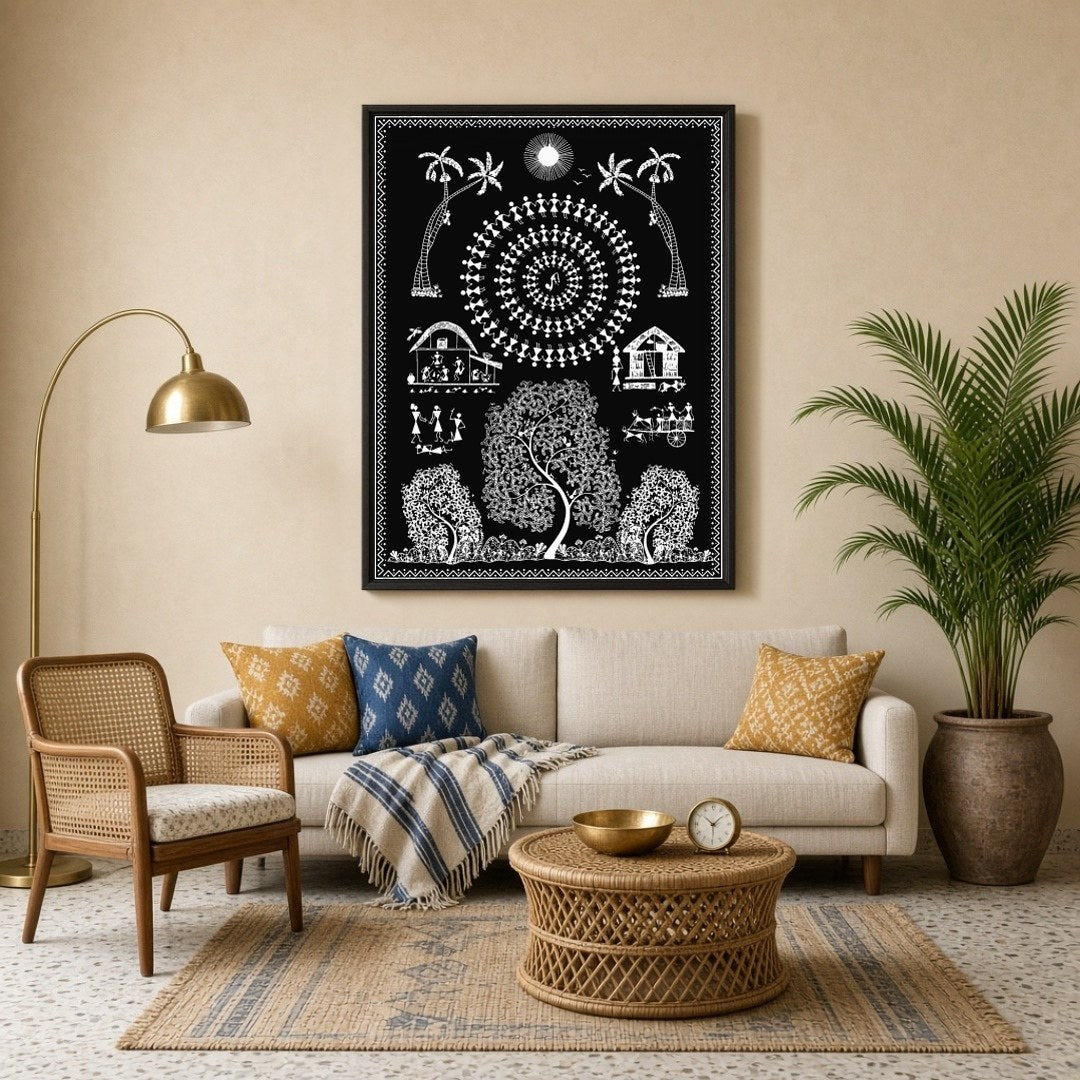 This captivating Warli art print captures a vibrant village scene under the moonlight, showcasing a for Living Room