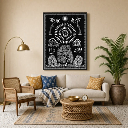 This captivating Warli art print captures a vibrant village scene under the moonlight, showcasing a for Living Room