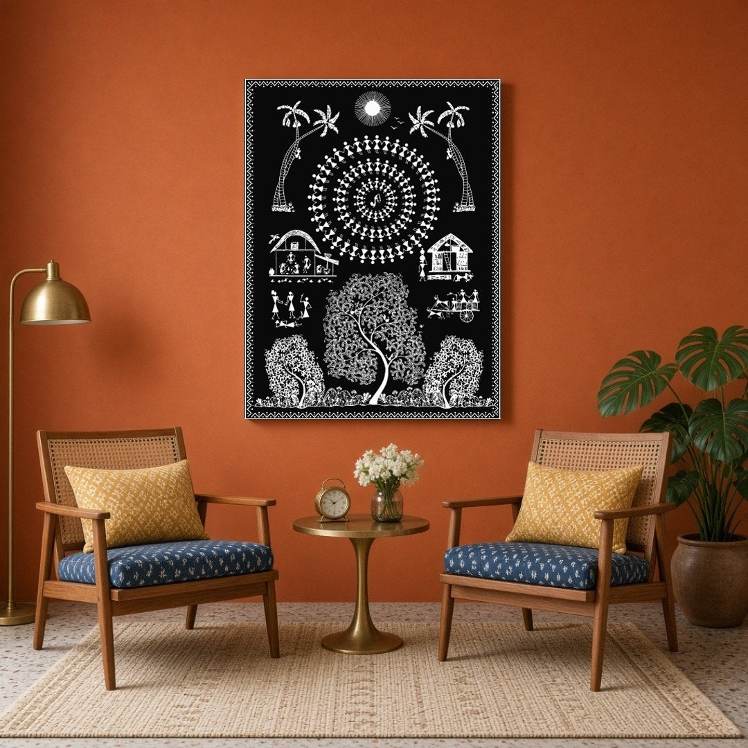 This captivating Warli art print captures a vibrant village scene under the moonlight, showcasing a for Sitting Area