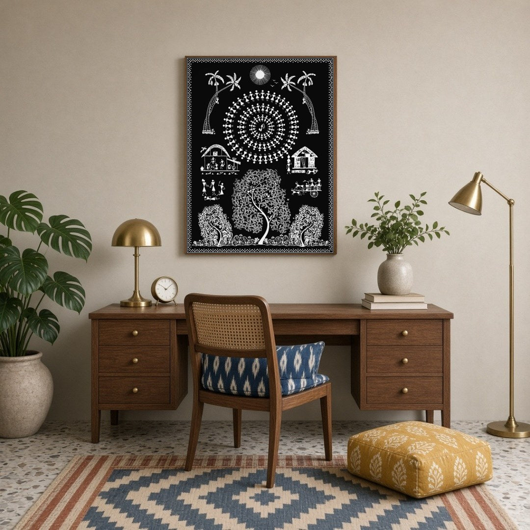 This captivating Warli art print captures a vibrant village scene under the moonlight, showcasing a for Study