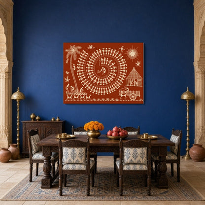 Experience the vibrant energy of village life captured in this intricate Warli art piece. The for Dining