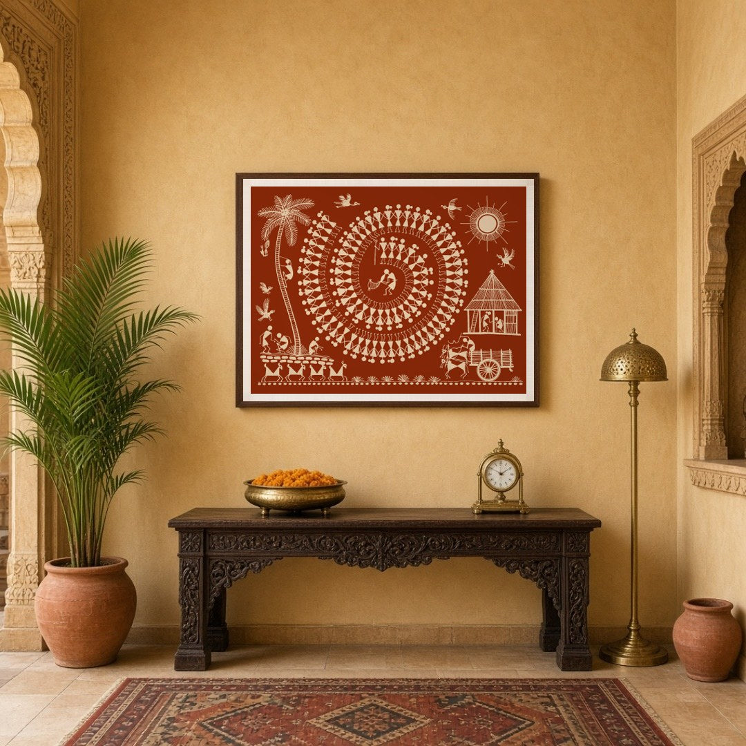 Experience the vibrant energy of village life captured in this intricate Warli art piece. The for Entrance
