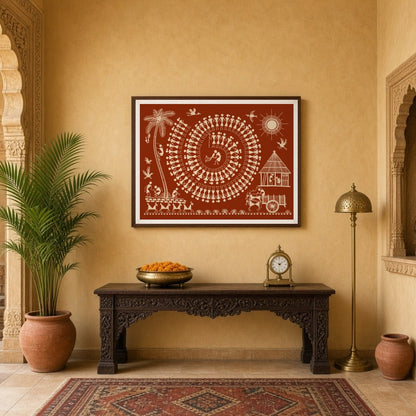 Experience the vibrant energy of village life captured in this intricate Warli art piece. The for Entrance