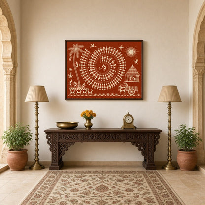 Experience the vibrant energy of village life captured in this intricate Warli art piece. The for Hallway