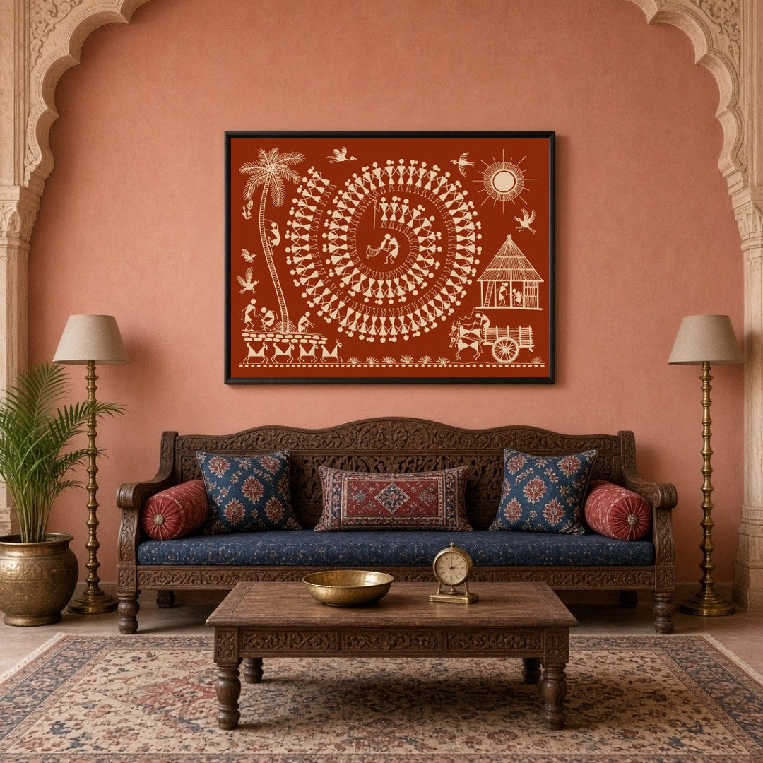 Experience the vibrant energy of village life captured in this intricate Warli art piece. The for Living Room
