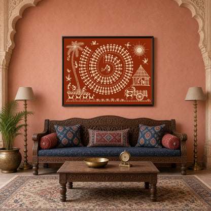 Experience the vibrant energy of village life captured in this intricate Warli art piece. The for Living Room