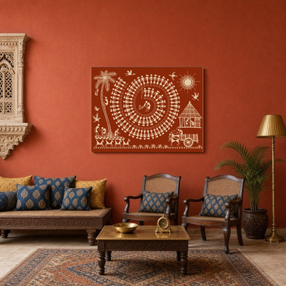 Experience the vibrant energy of village life captured in this intricate Warli art piece. The for Sitting Area