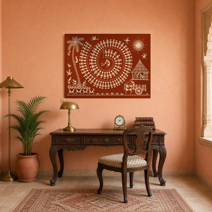 Experience the vibrant energy of village life captured in this intricate Warli art piece. The for Study