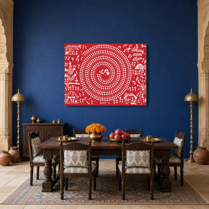Immerse yourself in the rhythmic elegance of Warli art with this captivating depiction of village for Dining