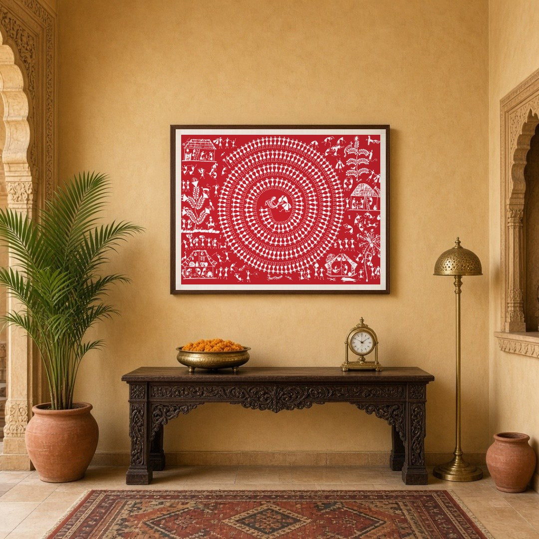 Immerse yourself in the rhythmic elegance of Warli art with this captivating depiction of village for Entrance