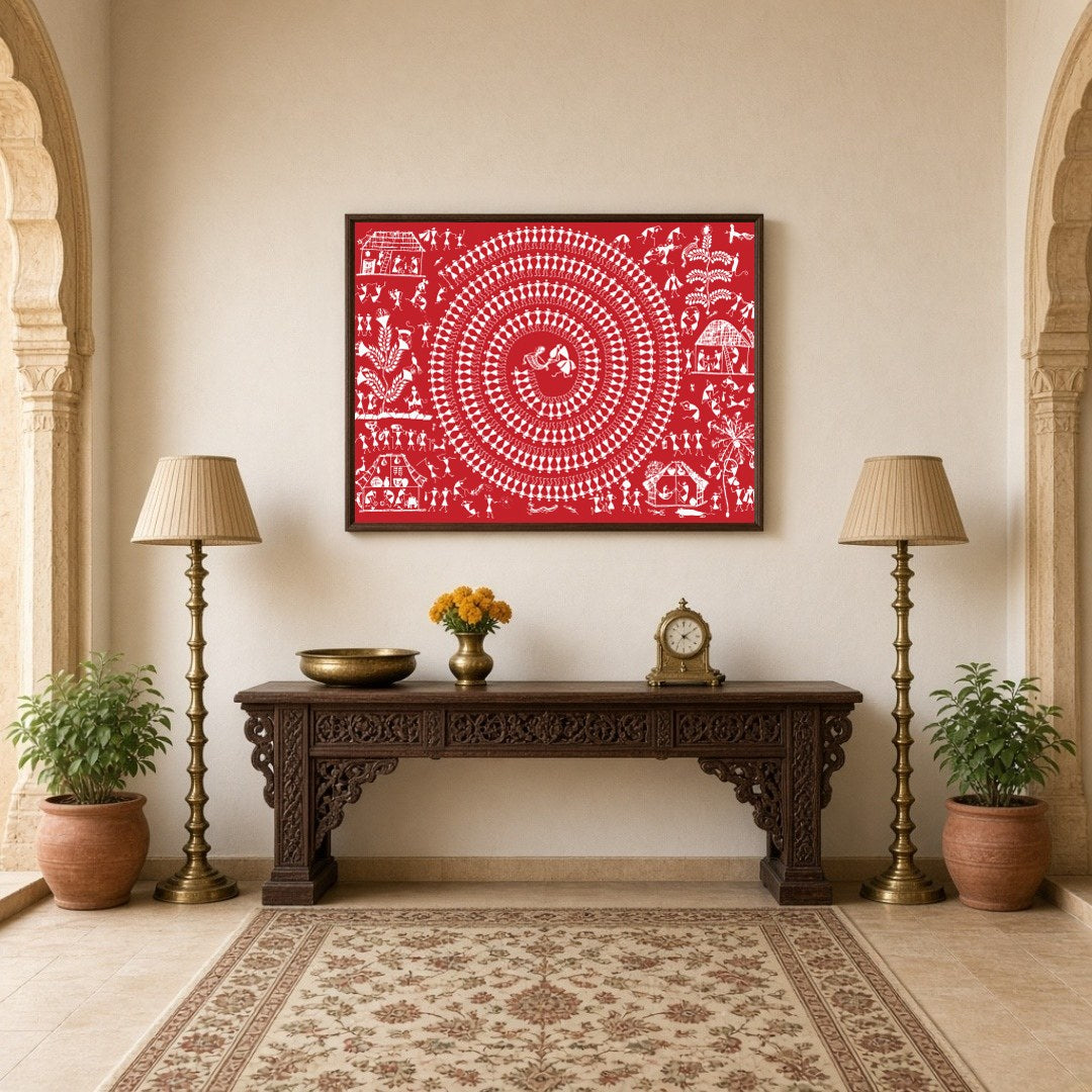 Immerse yourself in the rhythmic elegance of Warli art with this captivating depiction of village for Hallway
