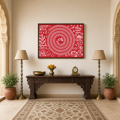 Immerse yourself in the rhythmic elegance of Warli art with this captivating depiction of village for Hallway