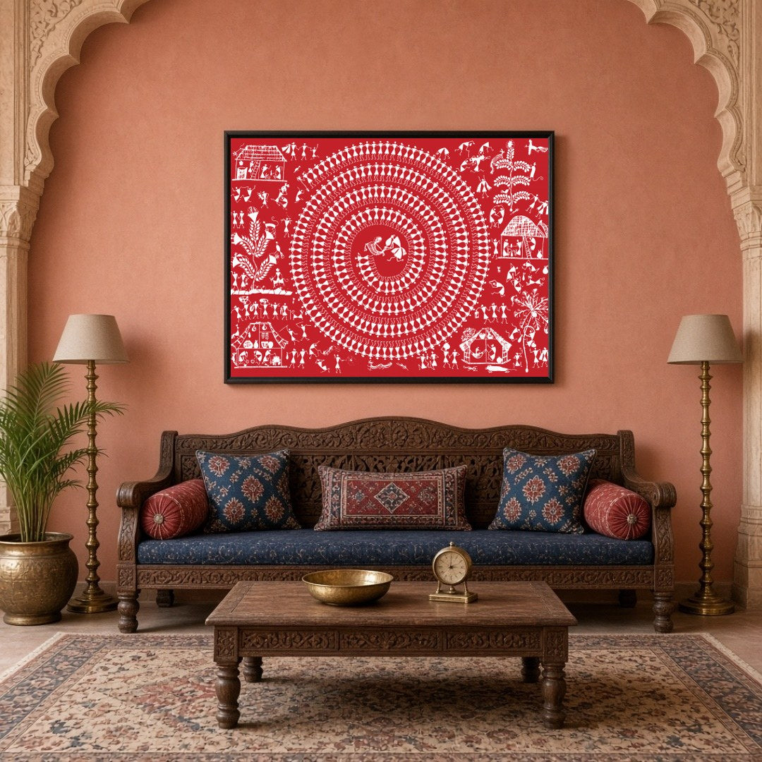 Immerse yourself in the rhythmic elegance of Warli art with this captivating depiction of village for Living Room