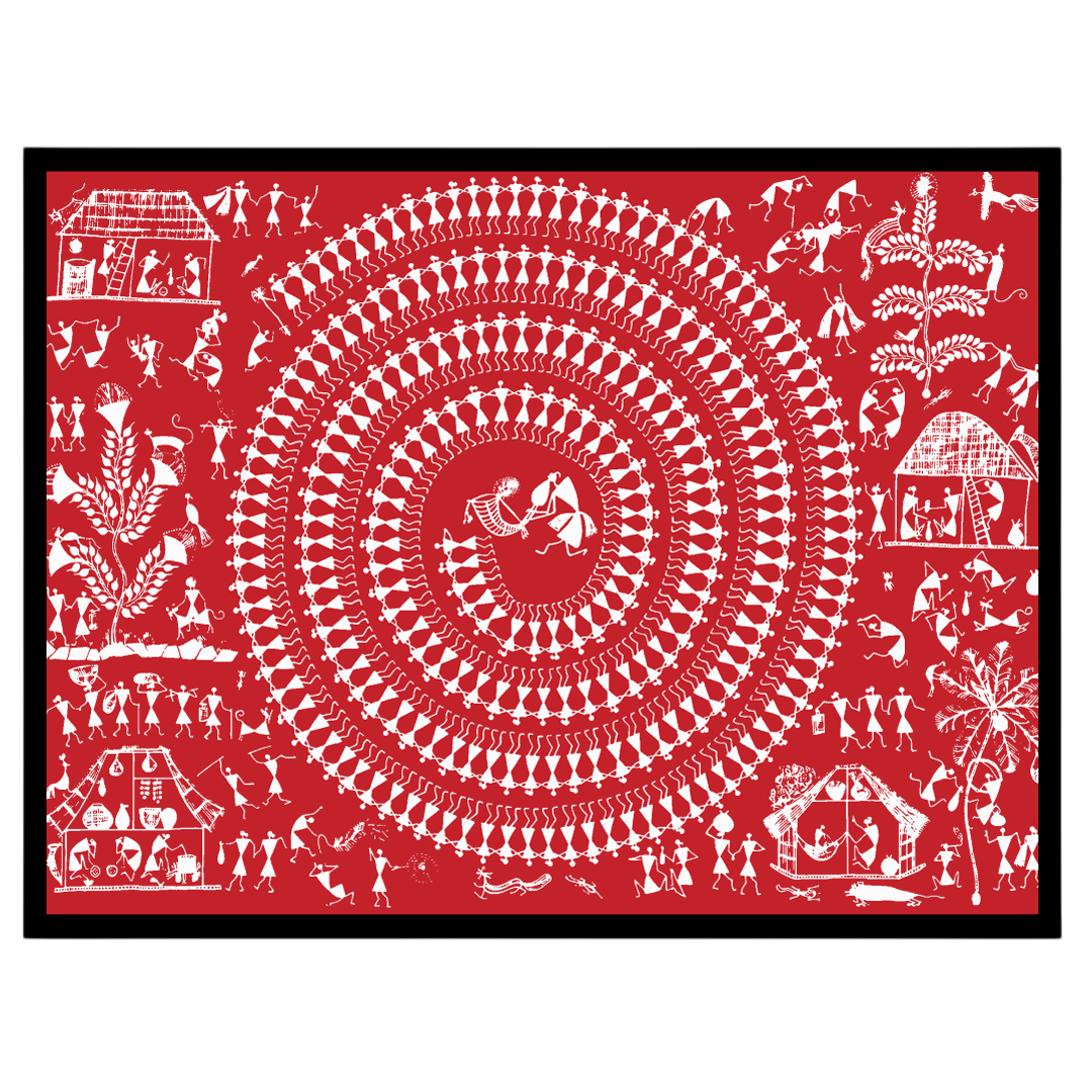 Immerse yourself in the rhythmic elegance of Warli art with this captivating depiction of village for retreat