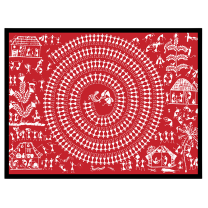 Immerse yourself in the rhythmic elegance of Warli art with this captivating depiction of village for retreat