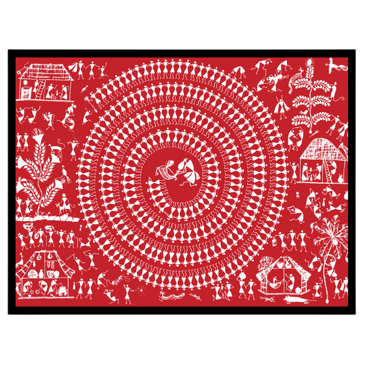 Immerse yourself in the rhythmic elegance of Warli art with this captivating depiction of village for retreat