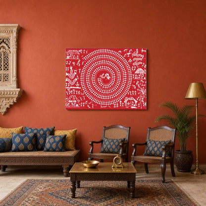 Immerse yourself in the rhythmic elegance of Warli art with this captivating depiction of village for Sitting Area