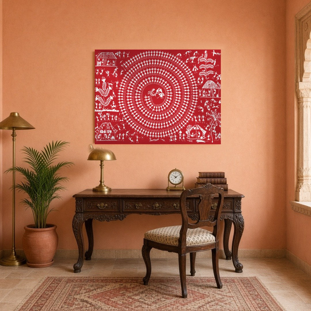 Immerse yourself in the rhythmic elegance of Warli art with this captivating depiction of village for Study